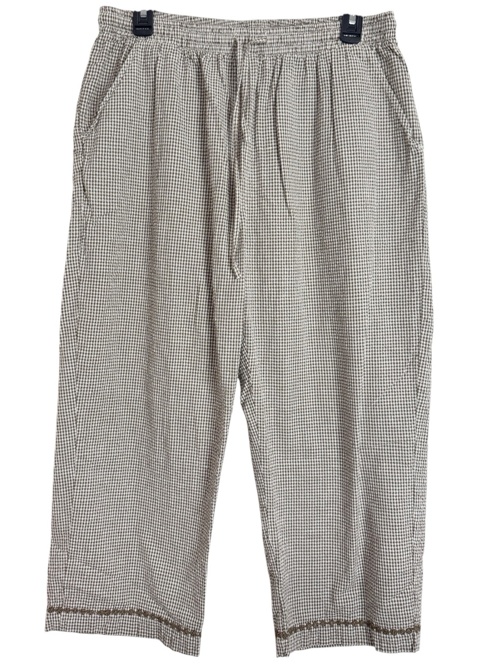 Vintage Relaxed Pull-On Drawstring Cropped Seersucker Cotton Pants tan plaid XL
